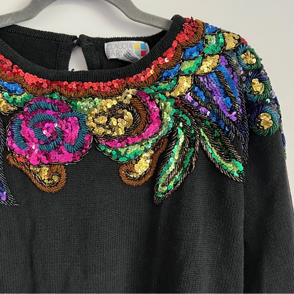 Vintage Claudia Barnes Black Colorful Sequin Glam Knit Sweater Size Small - Picture 5 of 8